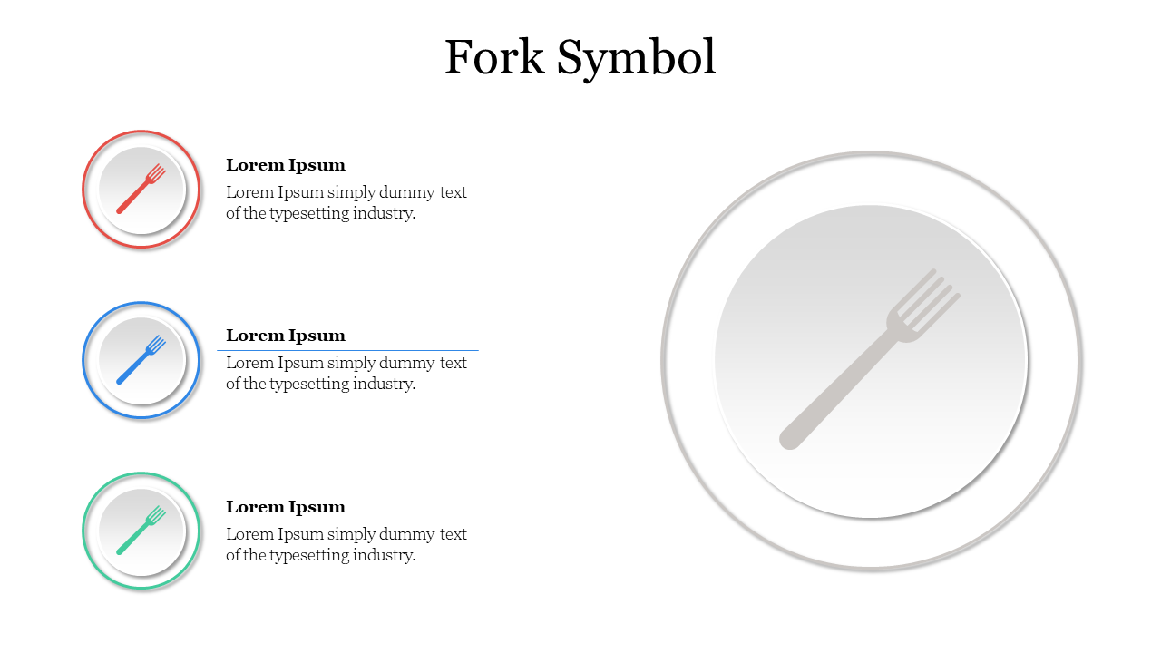 Fork symbol slide displays three sections with colored fork icons in red, blue, and green with placeholder text.