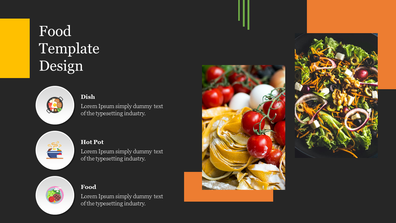 Food template with three categories, each featuring an icon and placeholder text areas, against a backdrop of food.