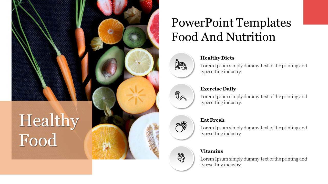 Healthy food-themed slide featuring vibrant produce and four nutrition tips, each paired with an icon, on a clean layout.