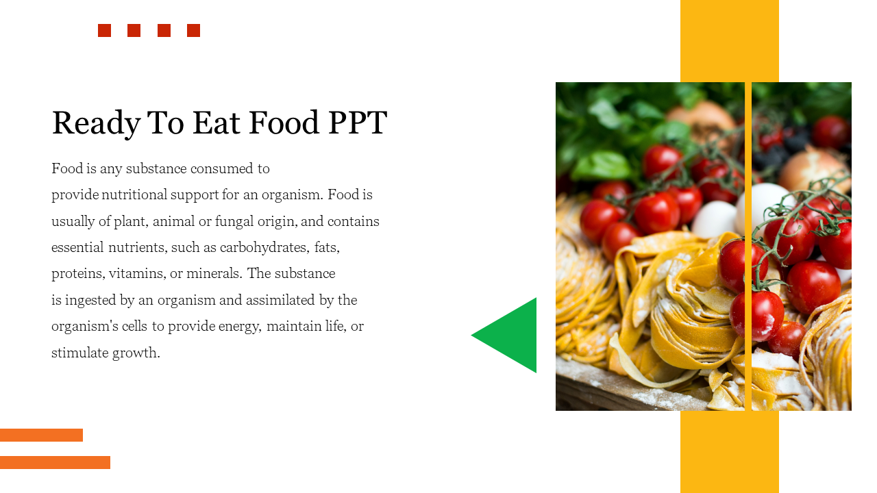 A split layout with text and a photo of pasta and tomatoes with a green divider and yellow, orange accent lines.