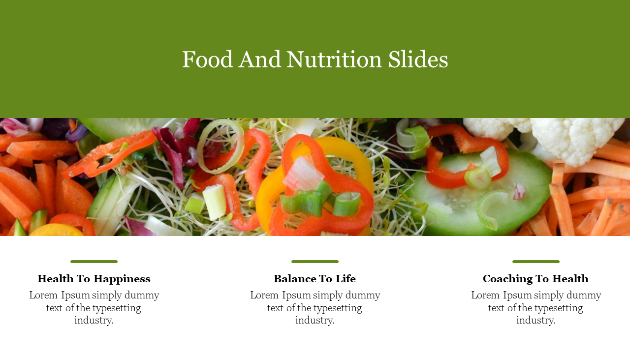 Green header over an image of colorful vegetables, with three text sections at the bottom, focusing on health and nutrition.