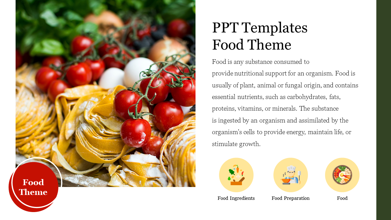 Close-up of fresh tomatoes on a vine and pasta, with text and three circular icons related to food theme on the right side.