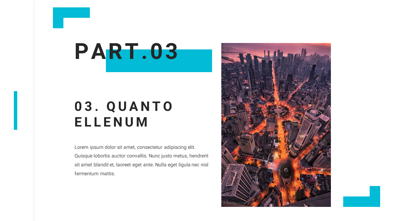 Minimalist PPT slide featuring a city skyline photo and a bold title for Part 03, with a clean layout and placeholder text.