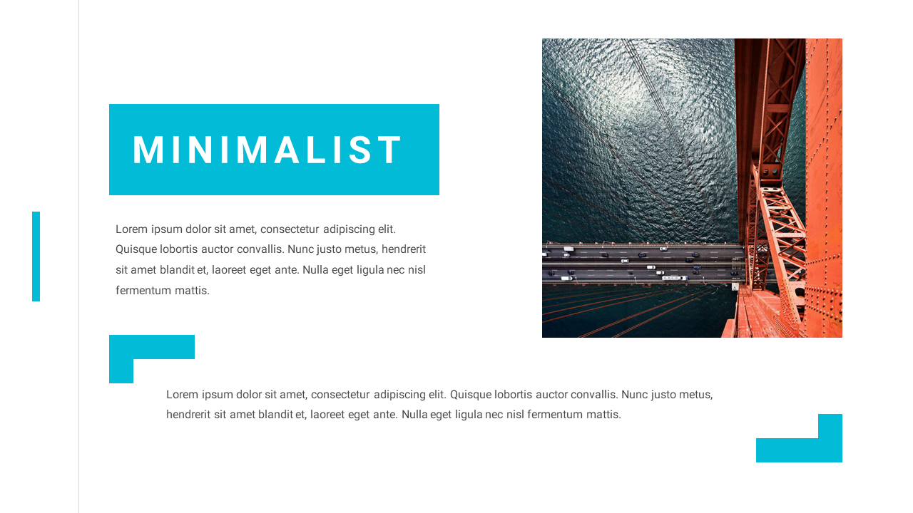 Minimalist layout with teal shapes, bold text on the left, and an aerial view of a bridge and water on the right.