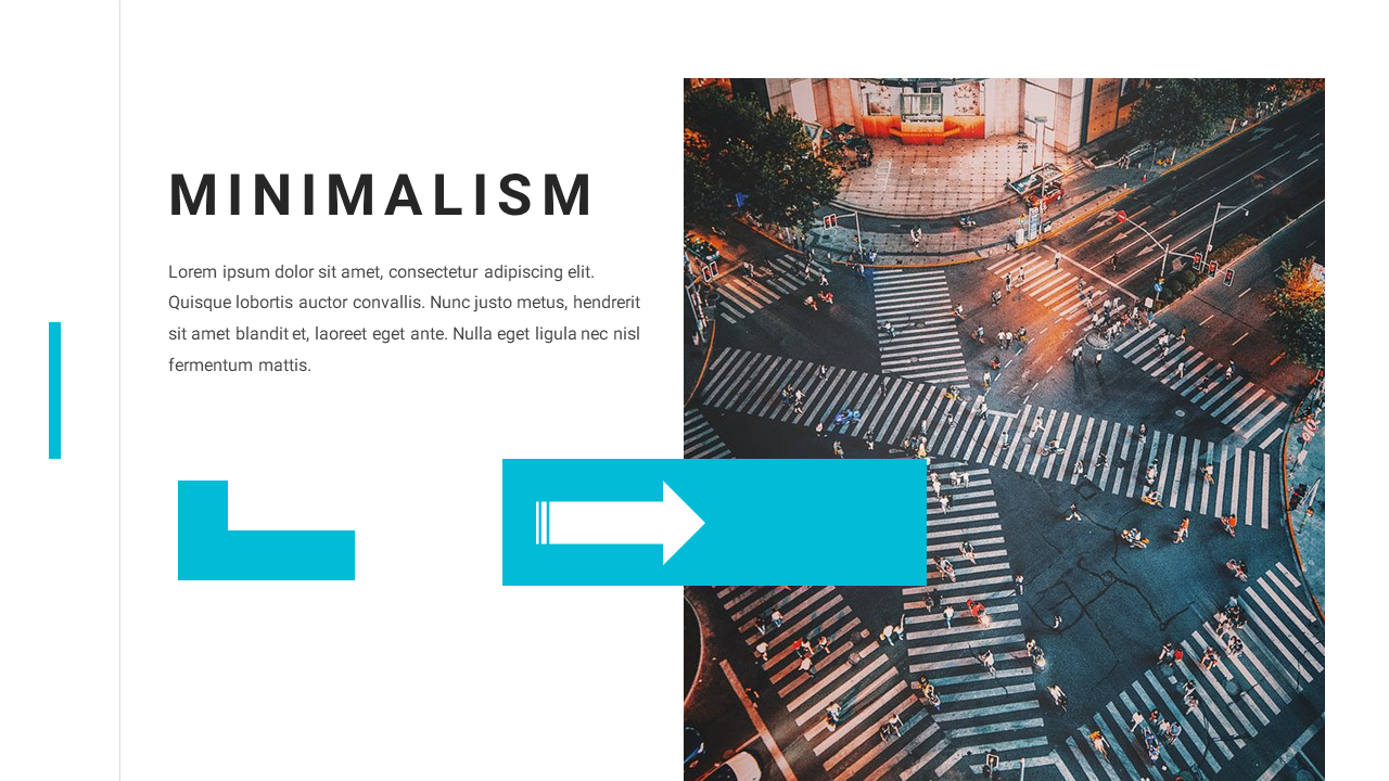 Slide with teal arrow graphics, bold text on the left, and an overhead photo of a busy crosswalk on the right.