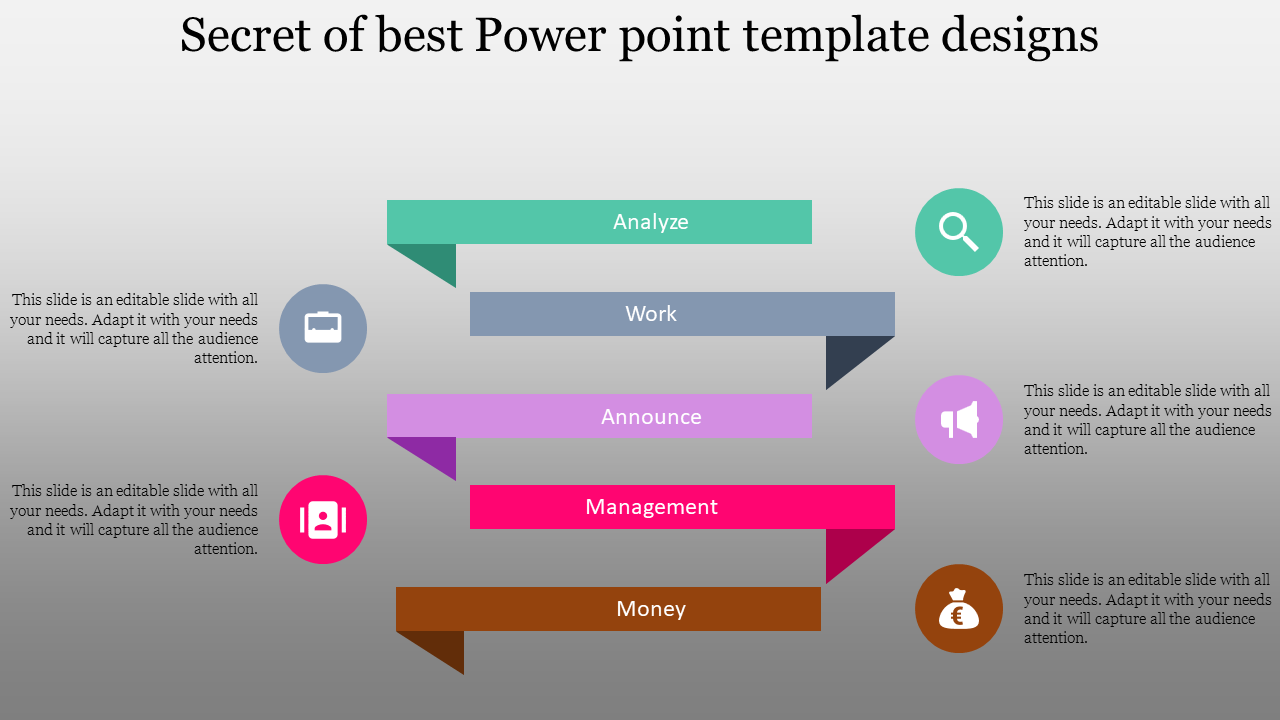 Infographic with five horizontal steps, each with unique colors, icons, and text areas for process stages.