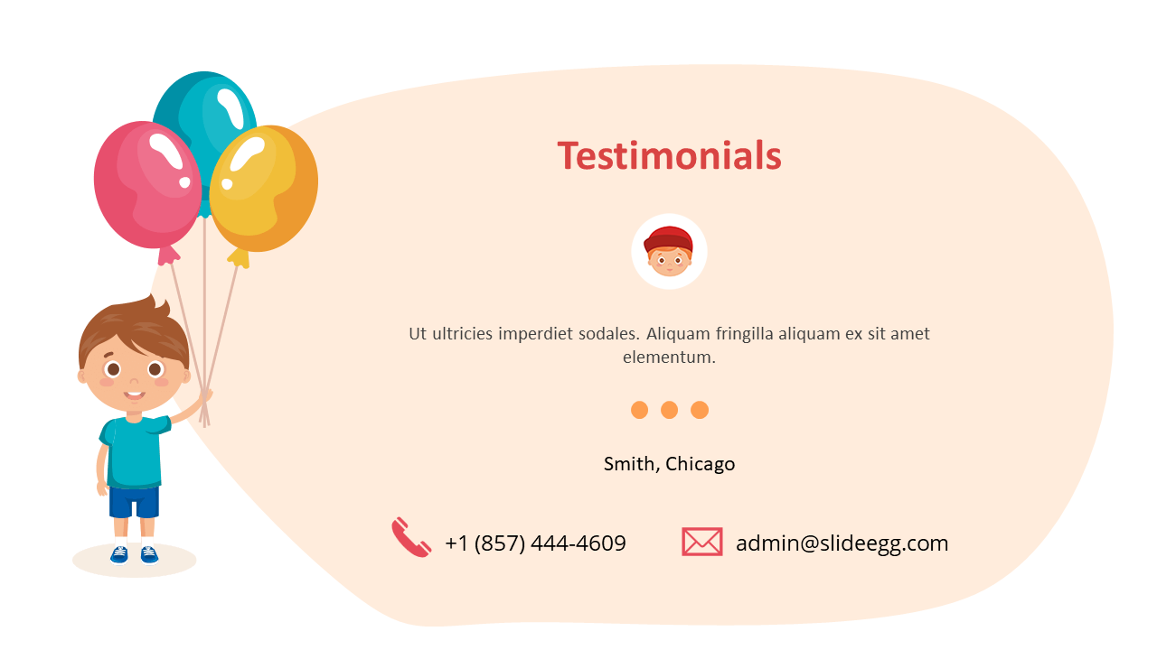 Testimonial design featuring a cartoon boy, text area with a profile icon, and contact information below.