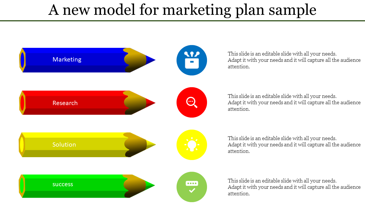 Slide layout using colorful pencil graphics to highlight four stages of a marketing plan, each placed with caption areas.