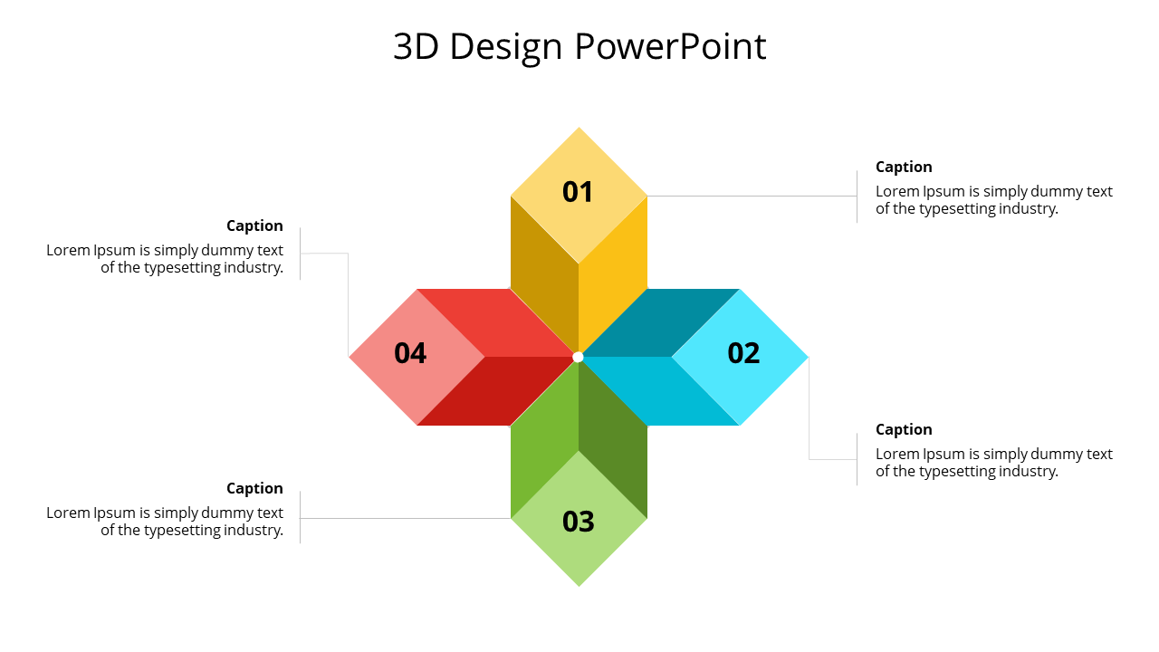 Colorful 3D design with hexagonal shapes in yellow, blue, green, and red, arranged in a cross pattern with captions.