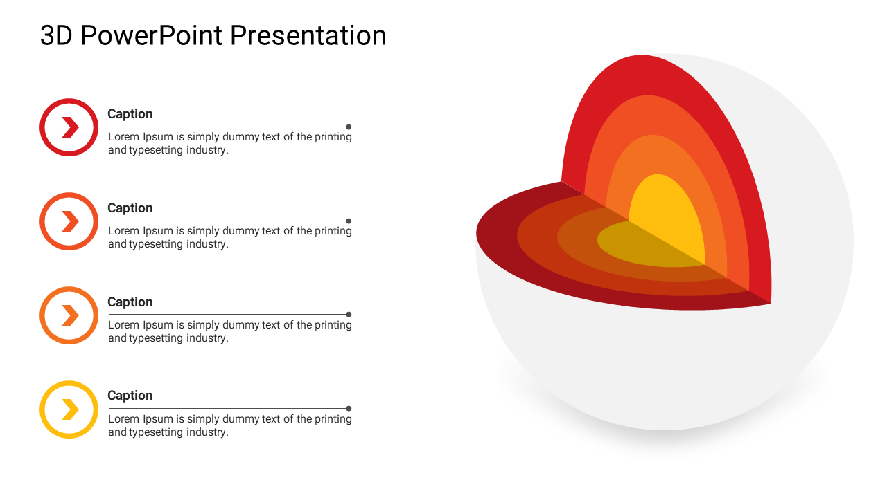 3D PowerPoint presentation slide with a colorful layered diagram and captions for each layer on the left side.