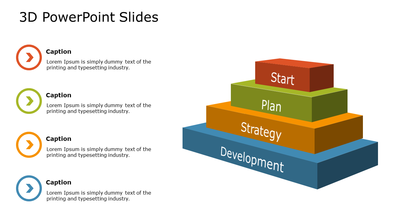 Pyramid diagram with four labeled tiers from start to development, paired with circular icons and placeholder text areas.