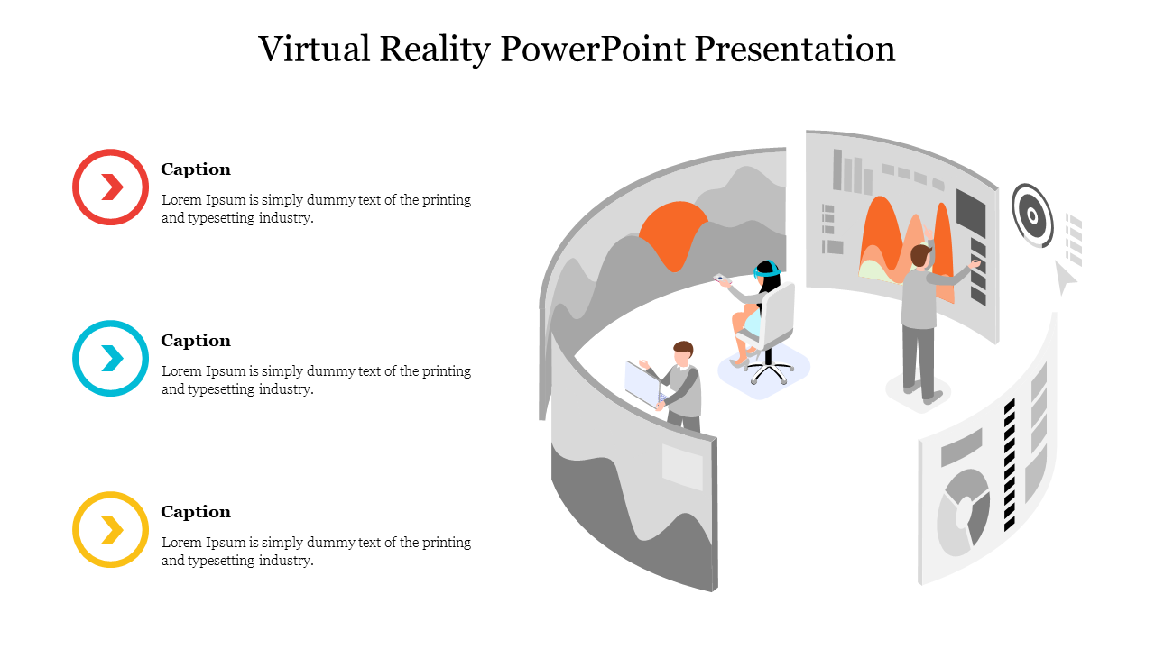 Illustration of a 3D Virtual reality environment with three people interacting, alongside colorful caption areas.