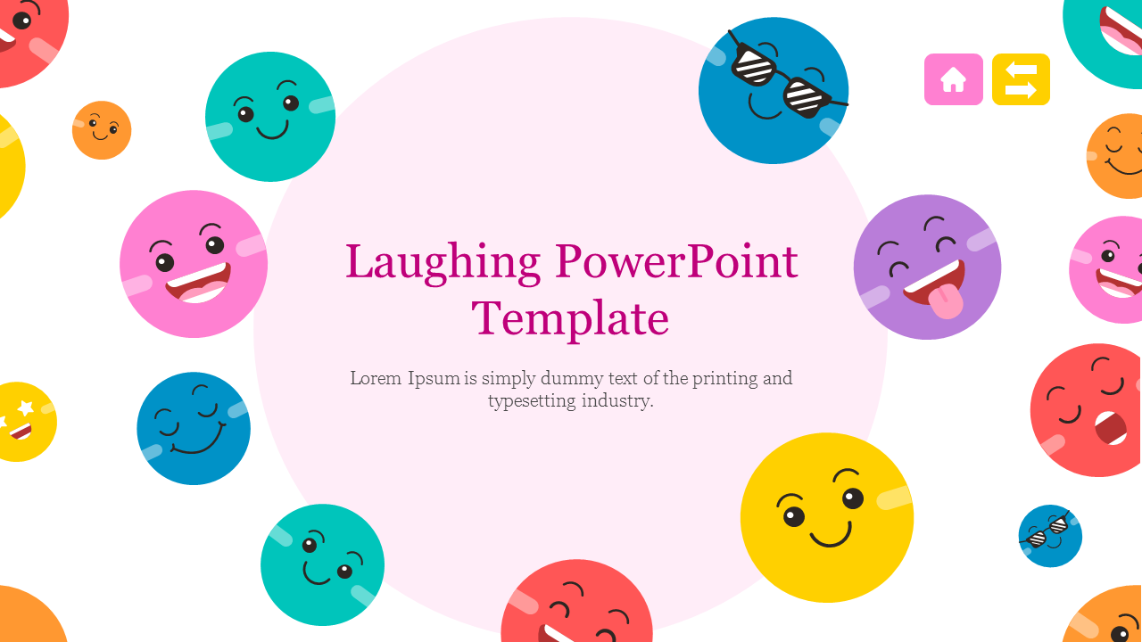 Various laughing and smiling emoji faces in bright colors encircle a central text area with a light pink background.