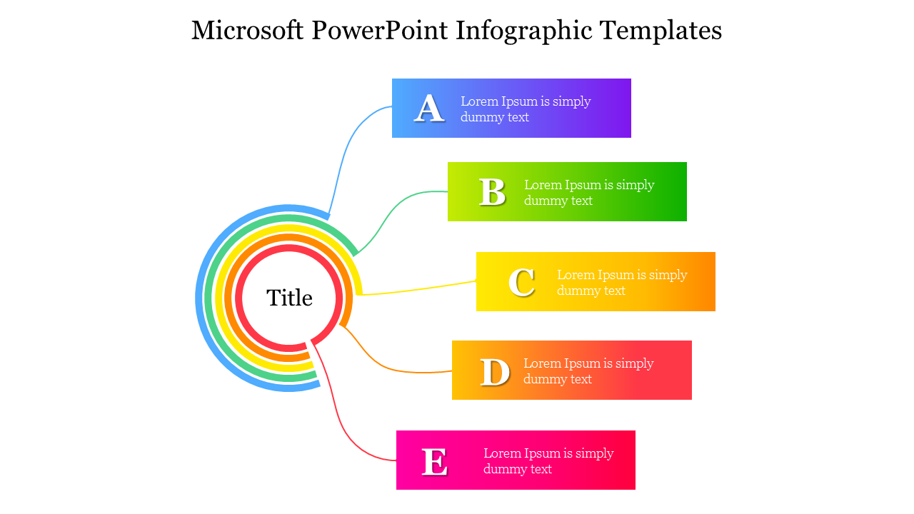 Microsoft infographic PPT slide with a colorful circular design and five sections labeled A to E, each with placeholder text.