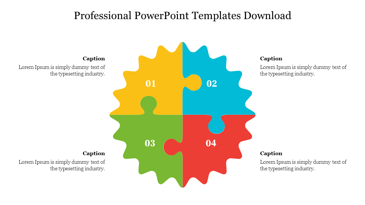 Professional puzzle gear diagram with four numbered sections in blue, yellow, red, and green, surrounded by placeholder text areas.