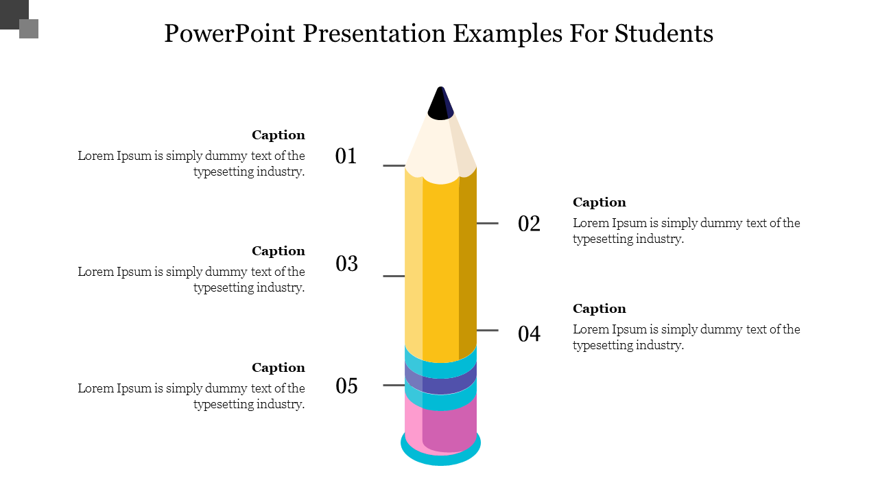 A colorful vertical pencil shaped diagram with five stages, each labeled with captions.