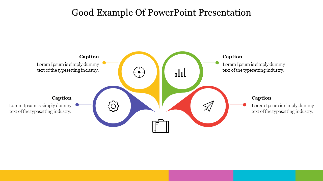 Good presentation template featuring four colored sections with icons and text arranged around a central theme with captions.