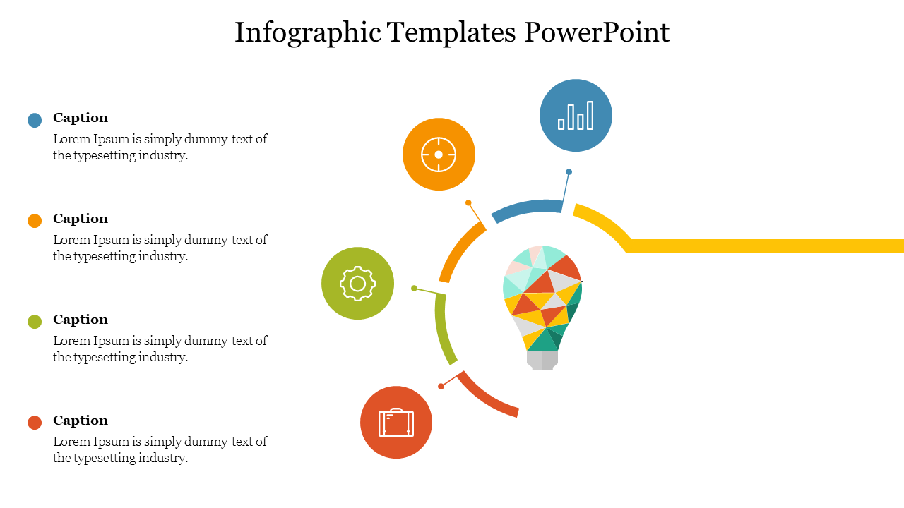 Colorful infographic slide featuring a central light bulb surrounded by icons and caption placeholders.