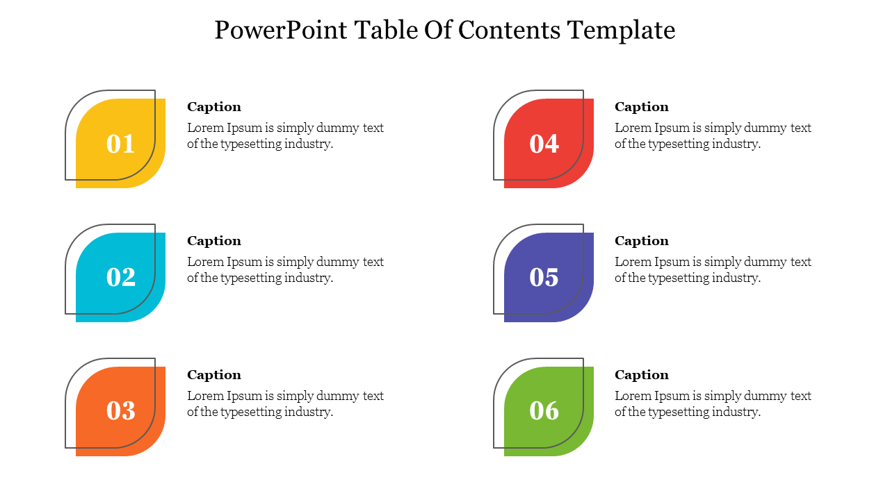 Grid layout featuring six numbered sections in colored shapes, arranged in two columns, each with text area.