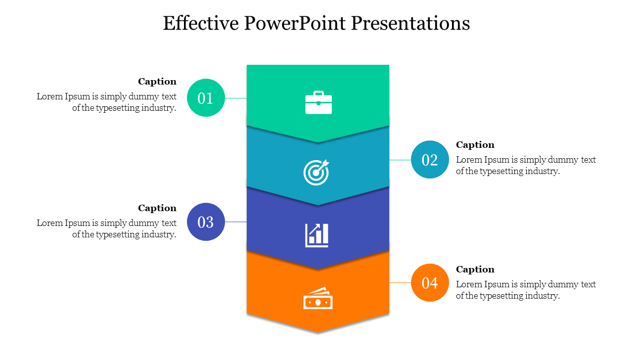 Effective PowerPoint slide with four colorful sections, each featuring an icon and a caption with placeholder text.