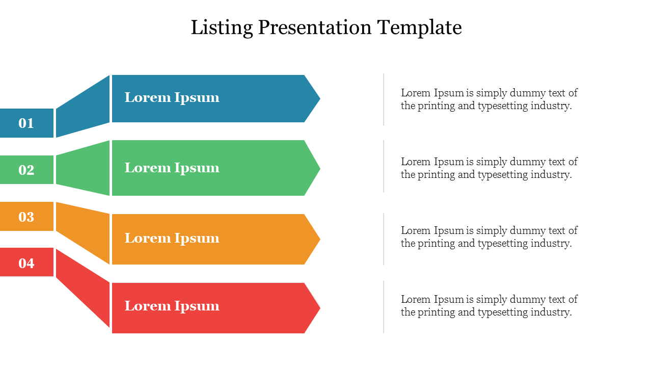 Listing presentation slide with four colorful arrow shaped sections and corresponding placeholder text on a white backdrop.