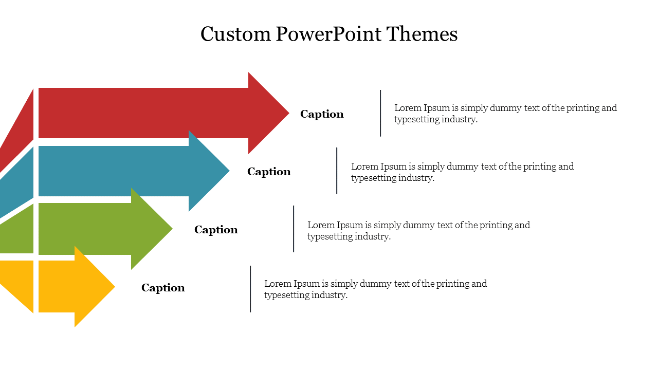 Custom theme slide with four arrows in red, blue, green, and yellow, each with a caption and text description.