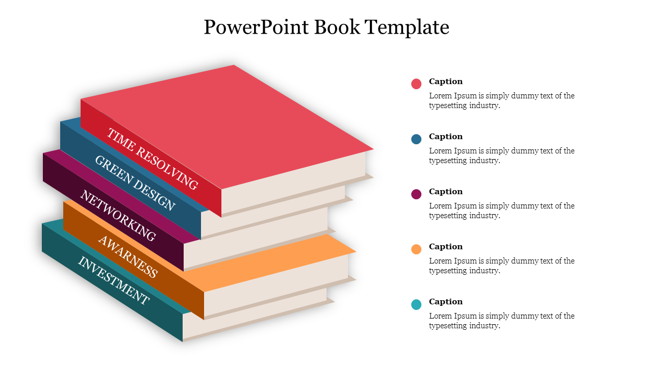 PowerPoint template featuring a stack of colorful books with titles along with space for captions on a white backdrop.