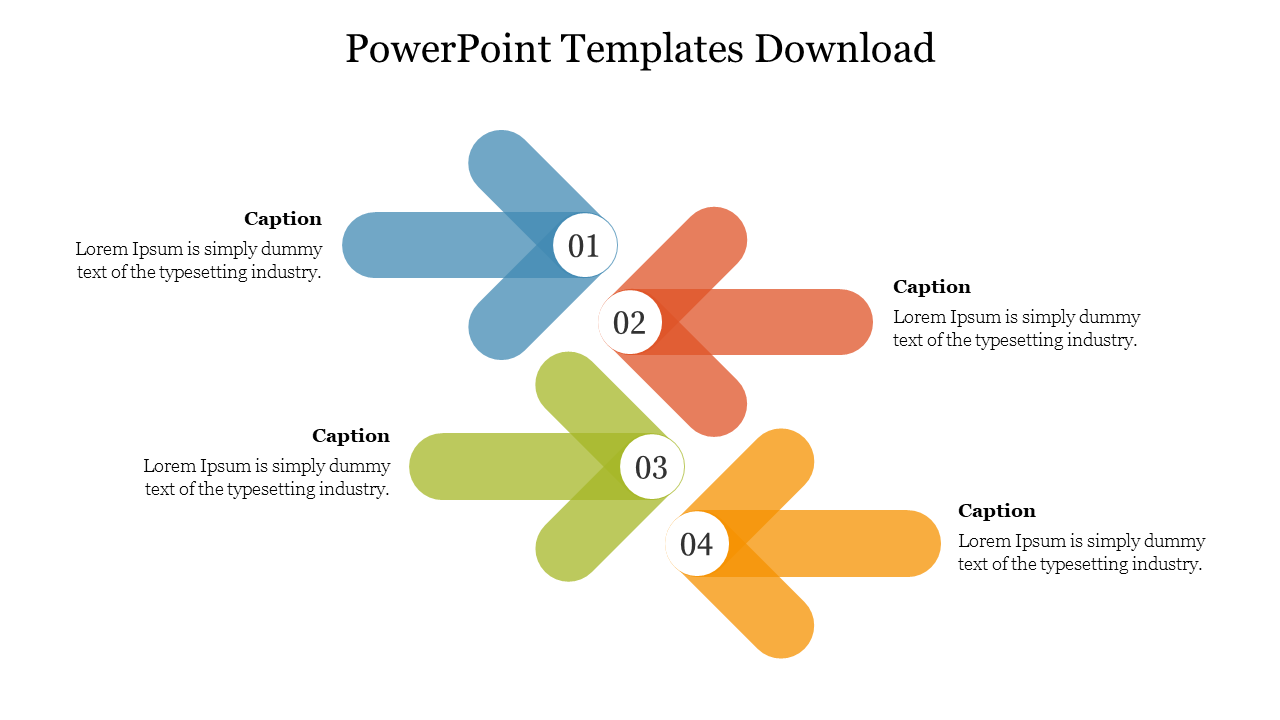 Comparison-style slide with four directional arrows in varying colors, each with its caption areas.