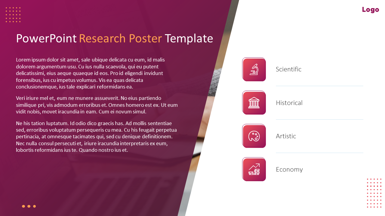 Split slide of research poster with a maroon and white sections featuring four icons on the right.