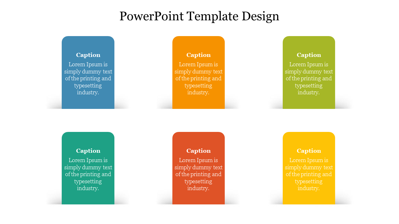 PowerPoint template design with six colorful blocks in blue, orange, green, red, yellow, and teal with caption placeholders.