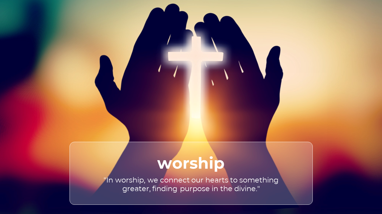 Silhouette of hands raised towards a glowing cross, symbolizing worship with a sunset background.