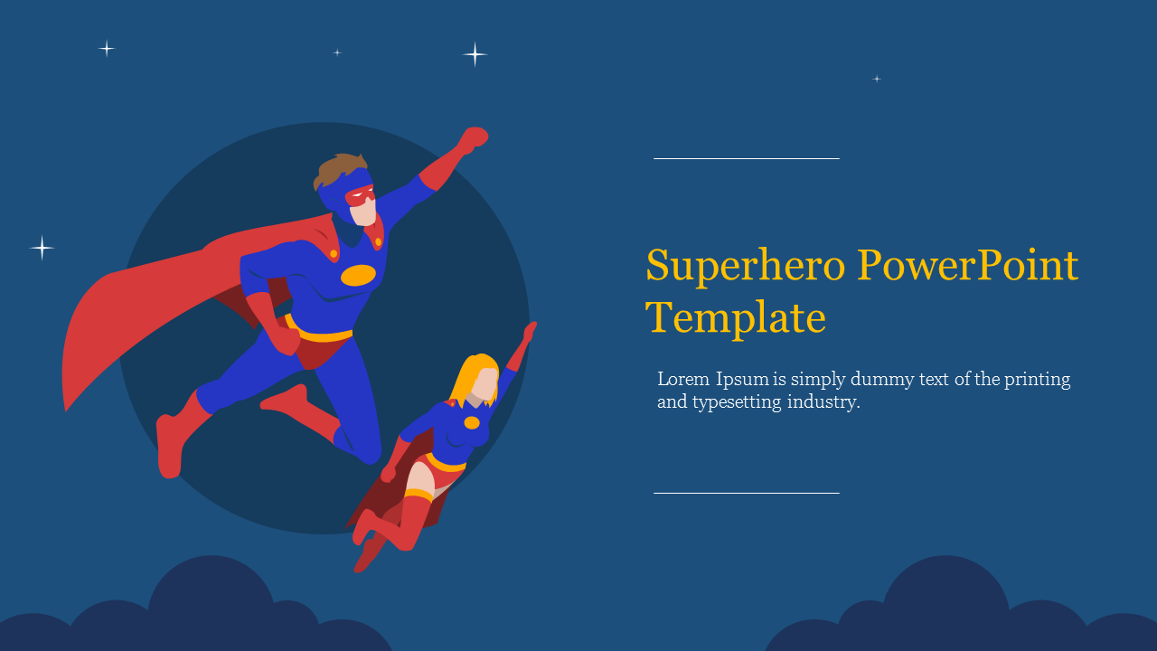 Superhero presentation slide with two superheroes flying through the night sky, featuring a title and placeholder text.