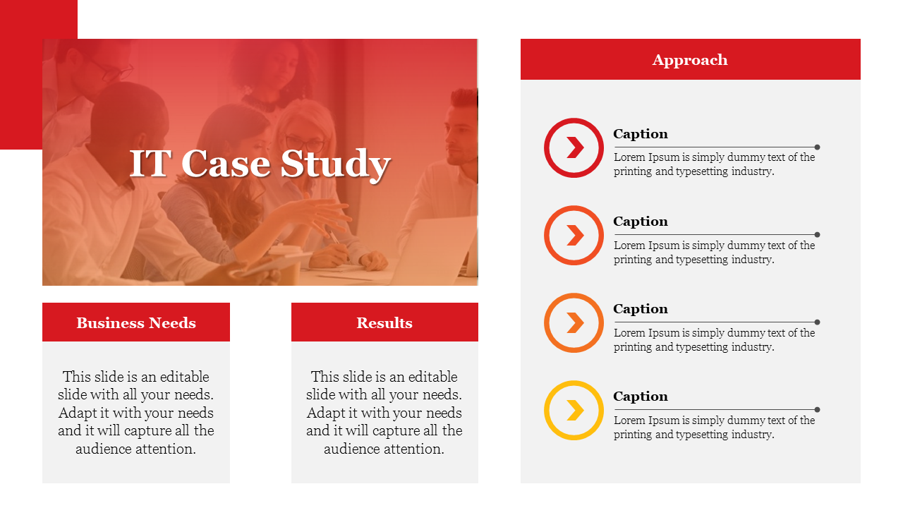 Case study slide for IT with two main sections on business needs and results, and a list of steps in colored circles.