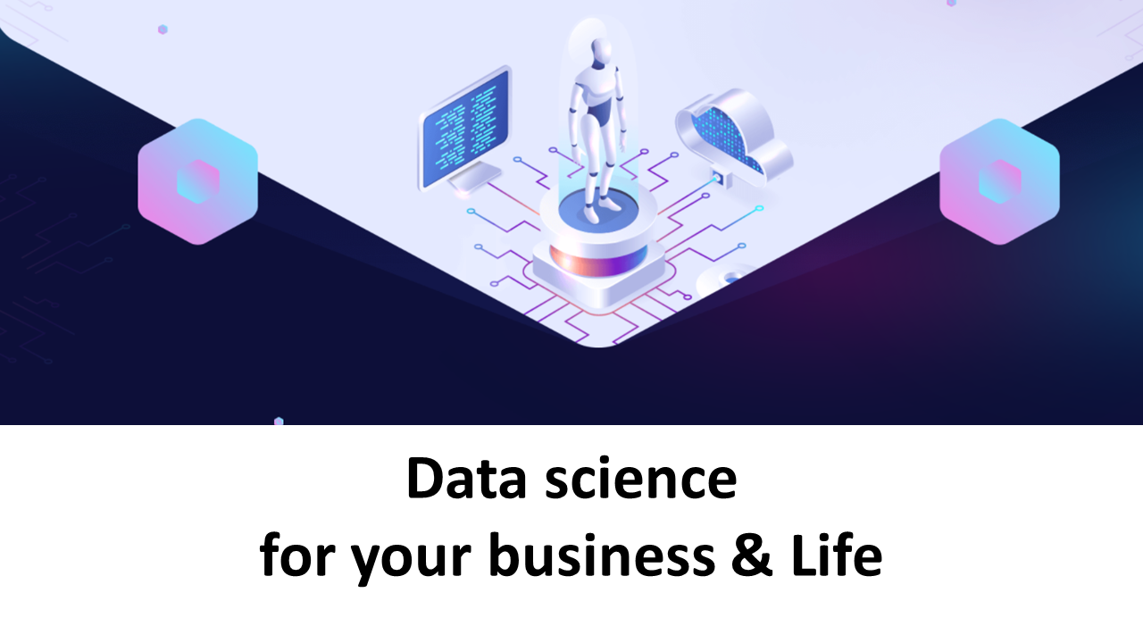 Illustration template of a robot linked to data circuits, with cloud and screen icons, highlighting data science usage.