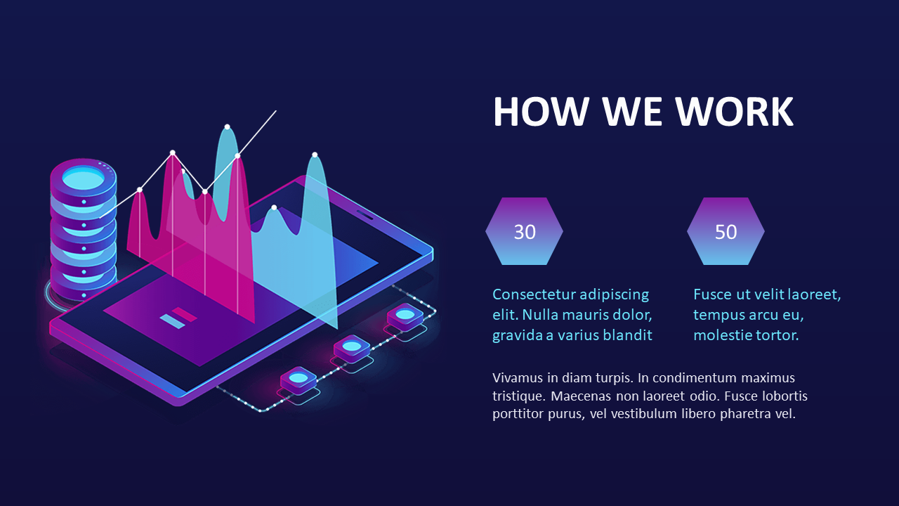 3D data visualization with charts on a tablet and two hexagonal stats, displayed on a dark blue background.