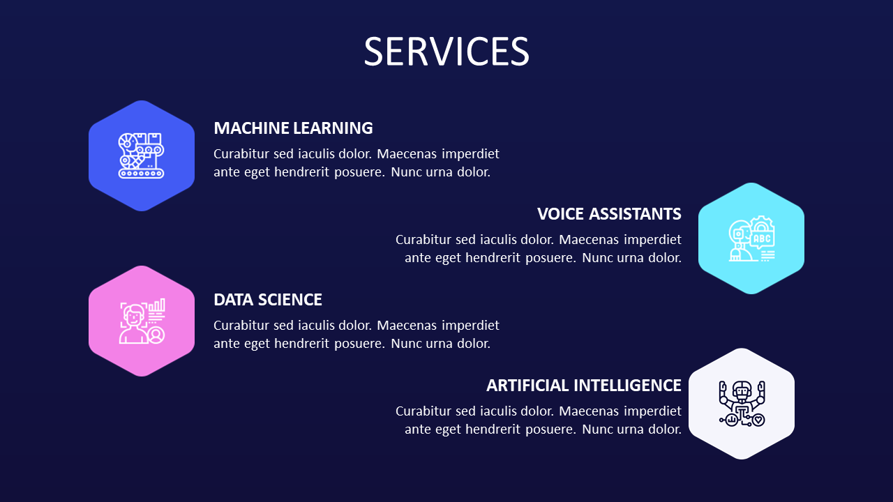 Visual layout of services featuring icons for AI, data science, voice assistants, and machine learning.