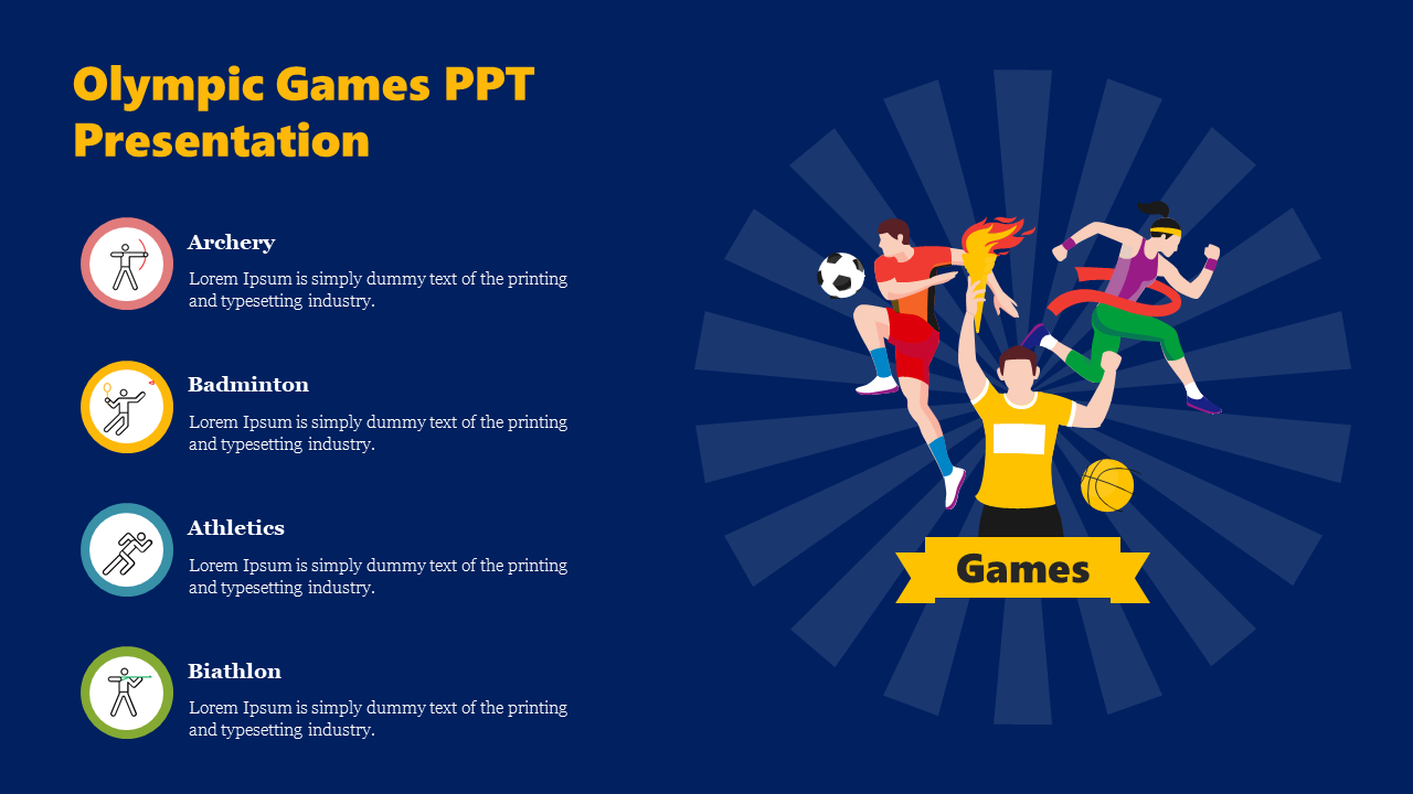 Olympic Games PPT slide with text placeholders and sports icons on a dark blue background with vibrant athlete illustrations.