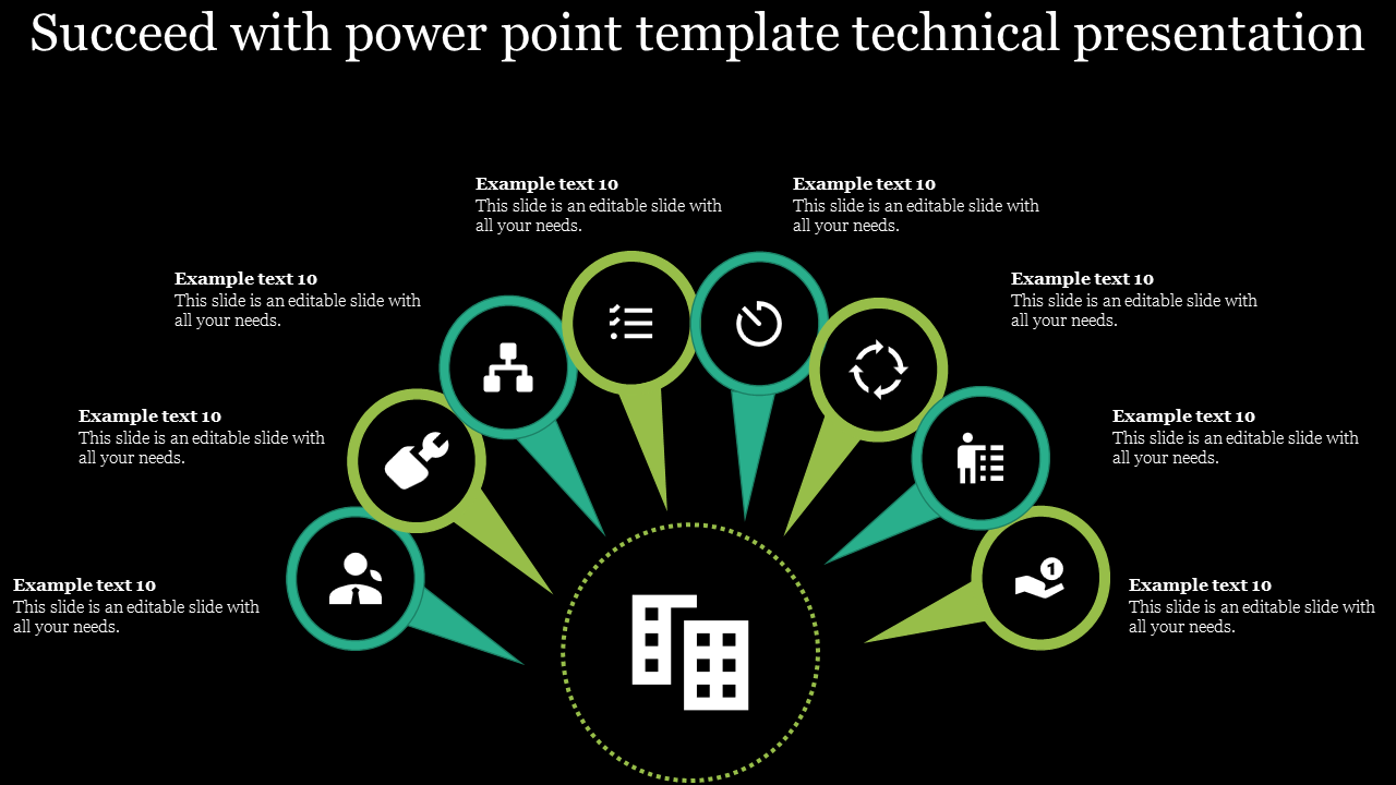 Central building icon surrounded by green and teal circular icons with caption areas representing various technical process.