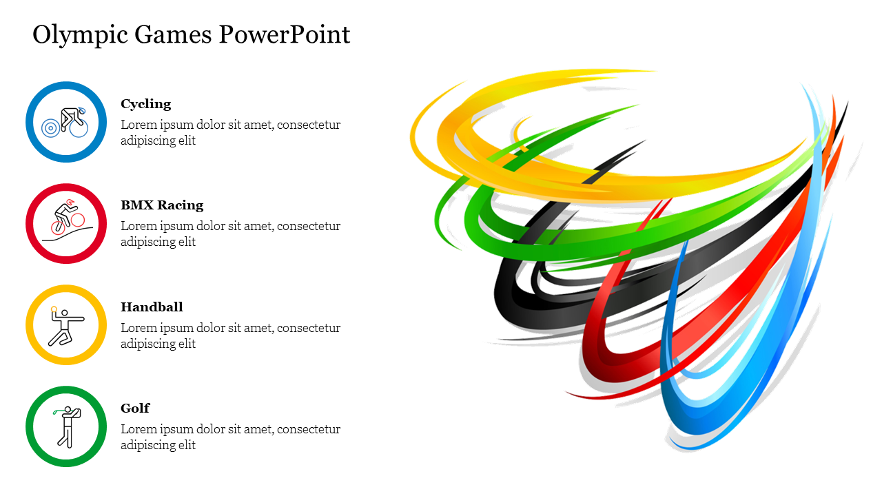 Olympic games PowerPoint slide with sport icons and text boxes, alongside  with a colorful abstract Olympic-inspired design.