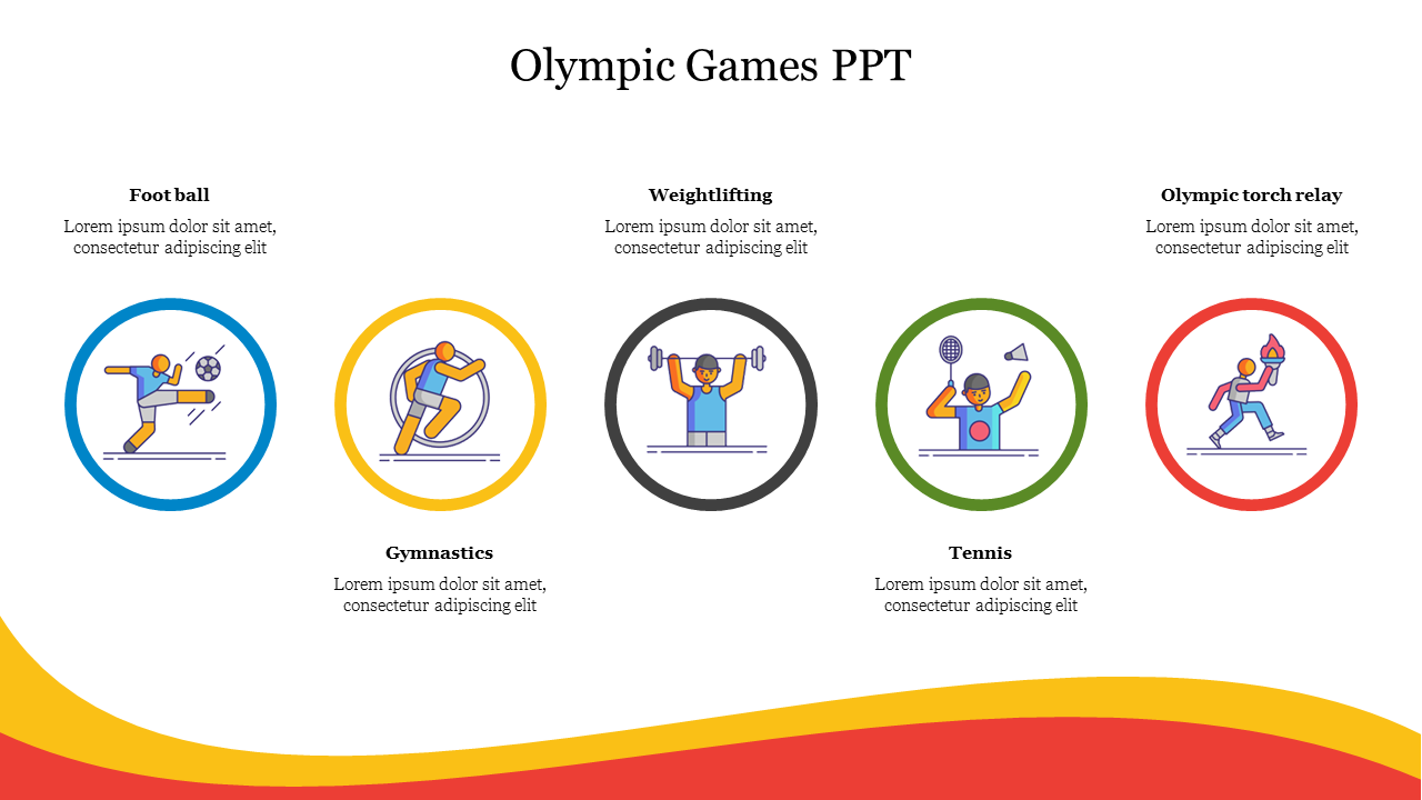 Olympic games slide showcasing color coded icons for football, gymnastics, weightlifting, tennis, and olympic torch relay.