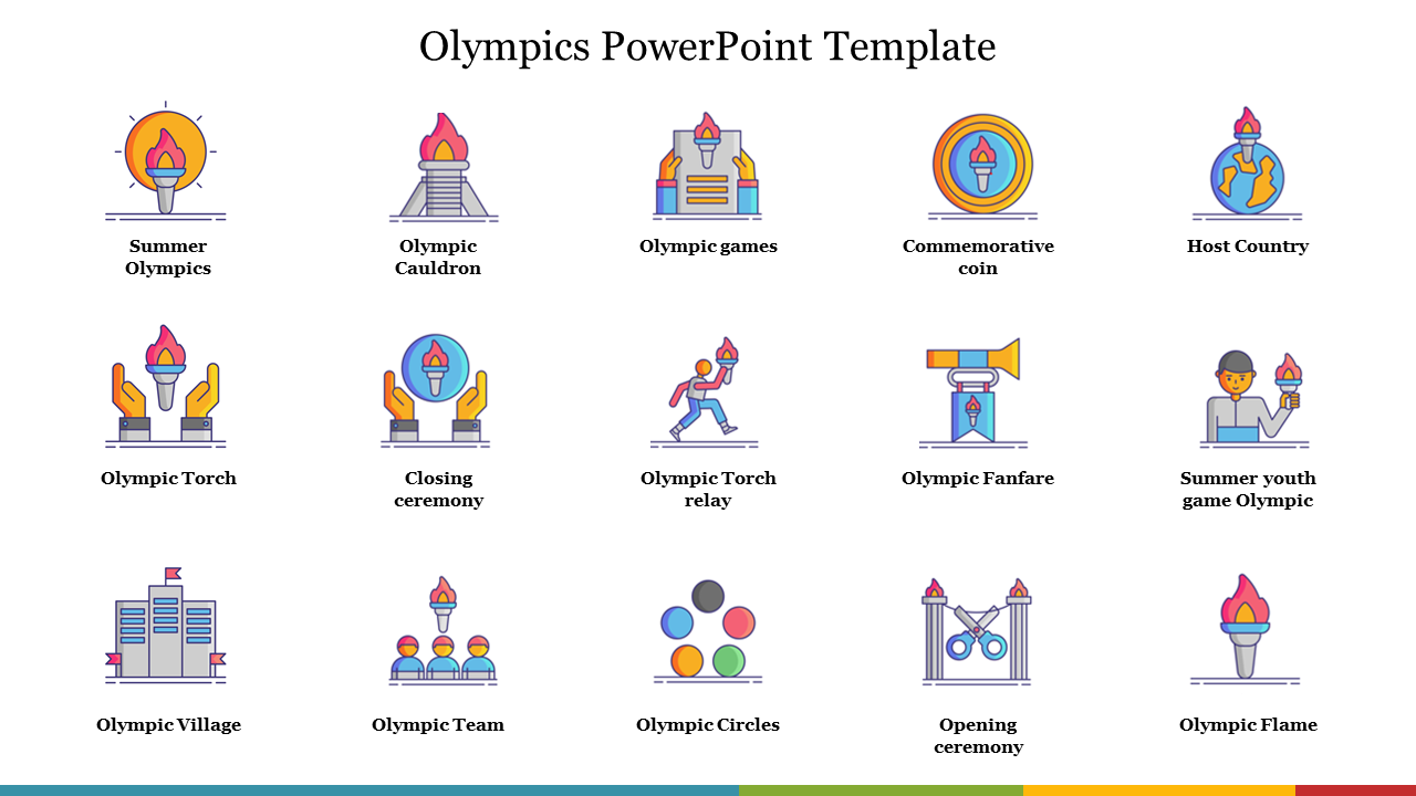 Sixteen colorful icons arranged in four rows, illustrating various Olympic elements like the torch, games, and ceremonies.