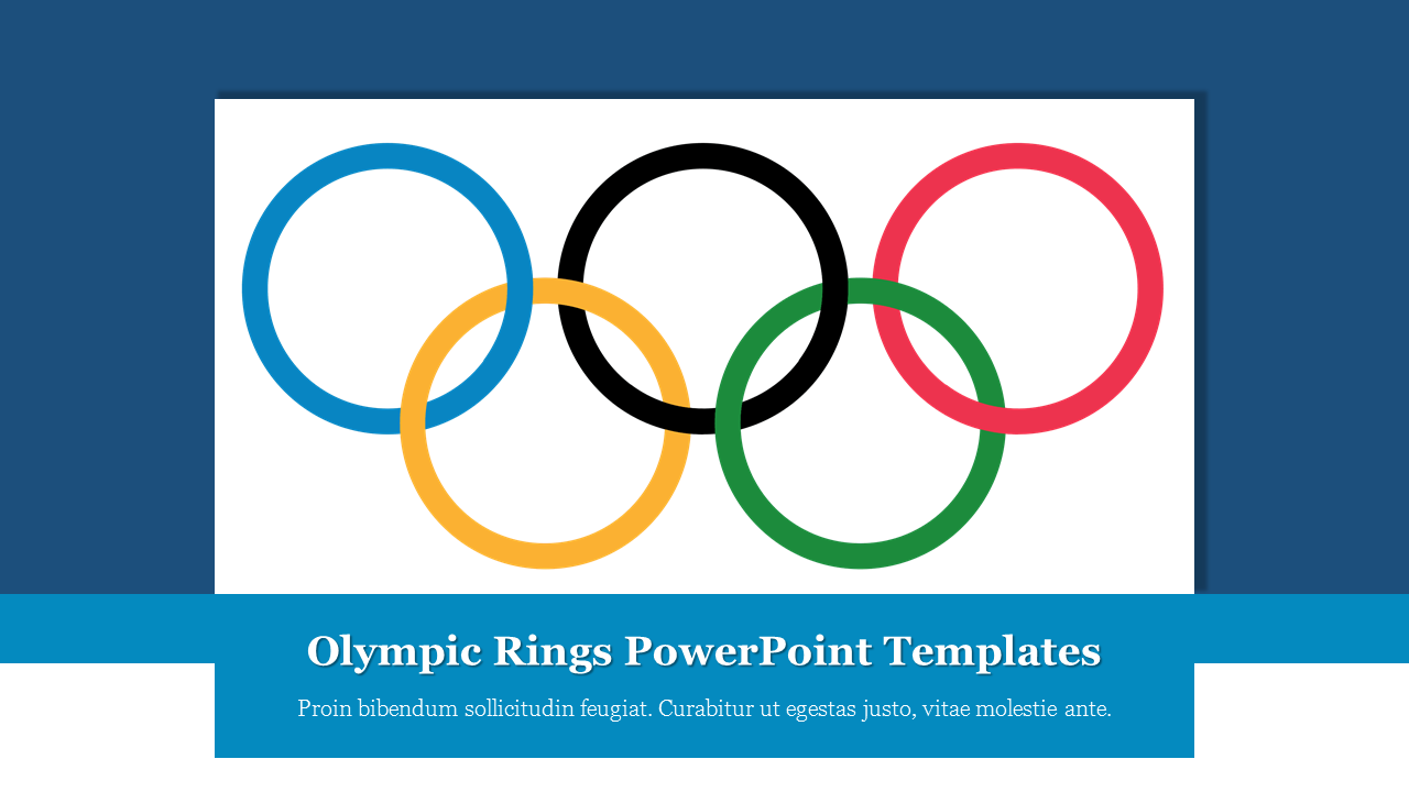 Olympic rings in blue, yellow, black, green, and red centered above a blue bar with text, on a dark blue background.