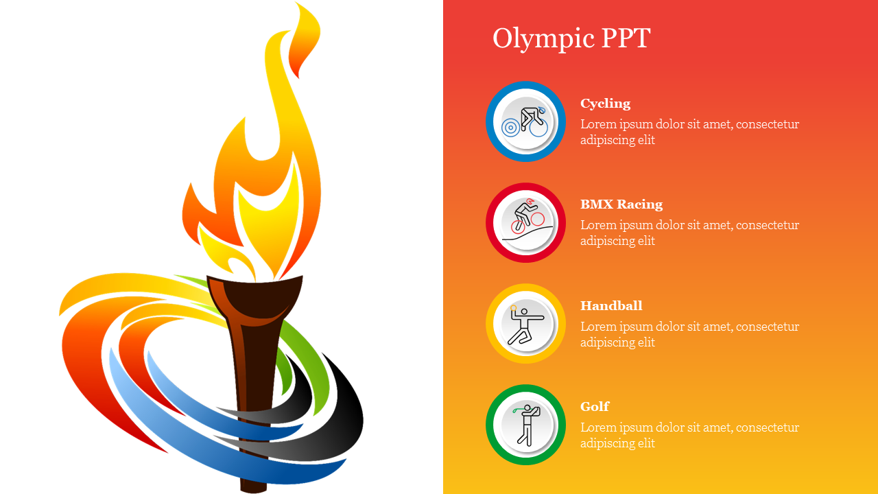 Olympic themed slide featuring a torch and various sports icons with placeholder text on an orange and yellow theme.