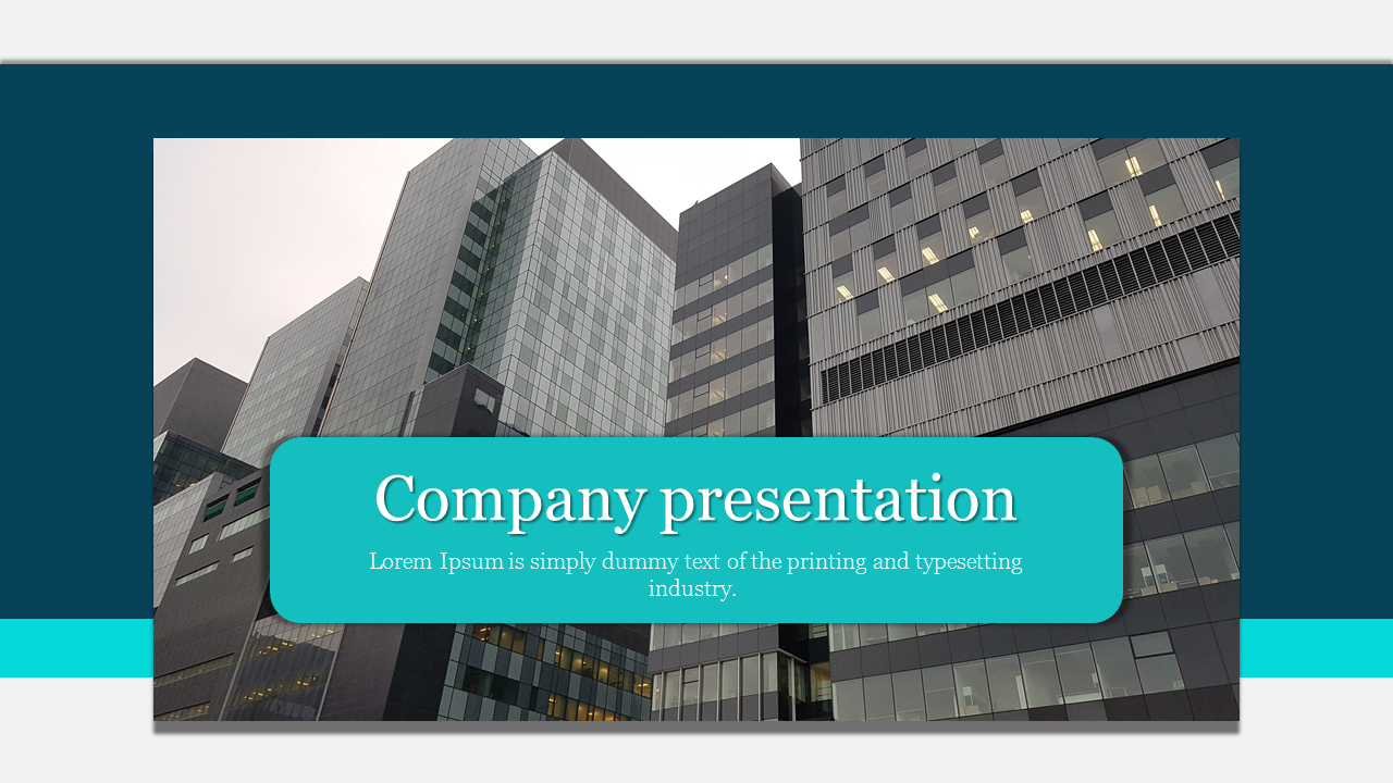 High-rise office buildings with teal text box in the center displaying company presentation and placeholder text areas.