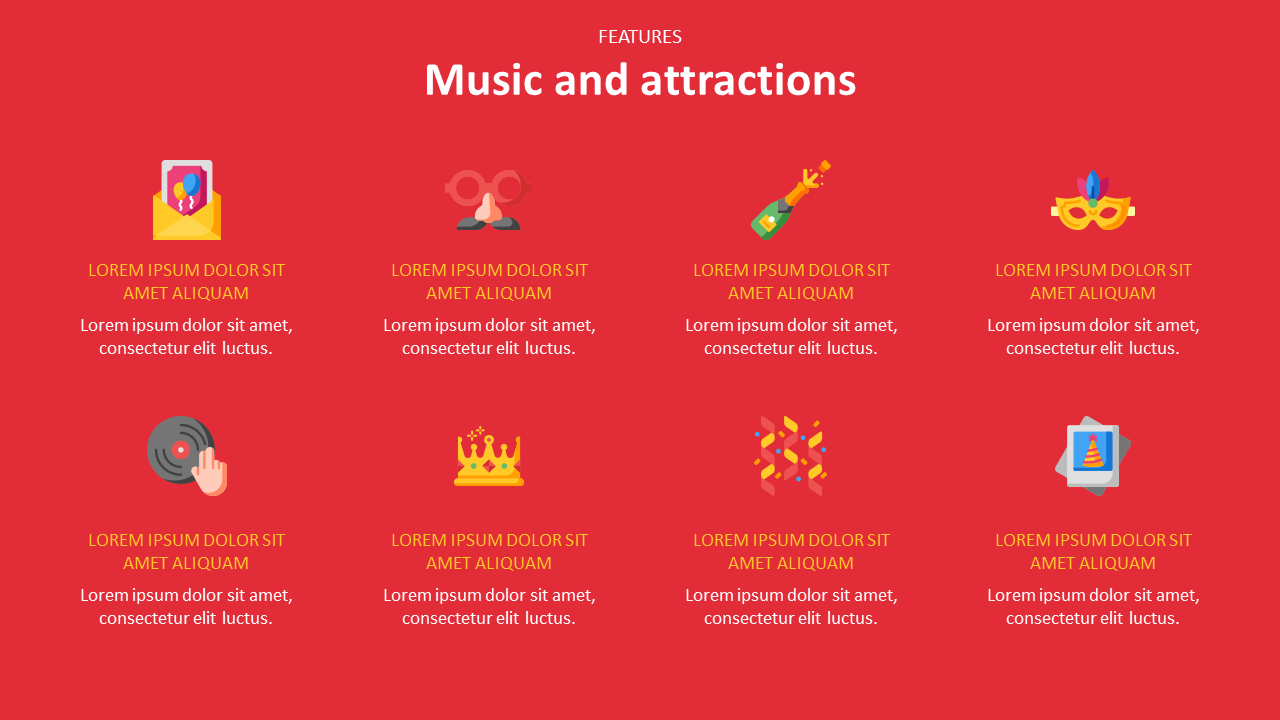 Carnival PPT slide with colorful icons and descriptions about music and attractions on a red backdrop with placeholder text.