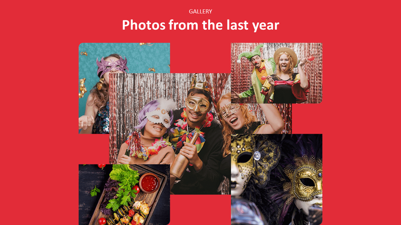 Collage style layout with rounded rectangular photos of partygoers in masks, food, and confetti on a bold red background.