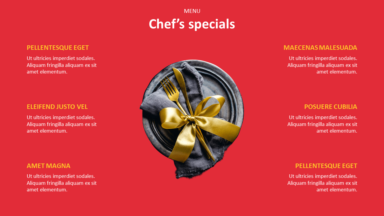 Chef's Specials menu slide with a central image of a plate, napkin, and cutlery tied with a golden ribbon on a red backdrop.