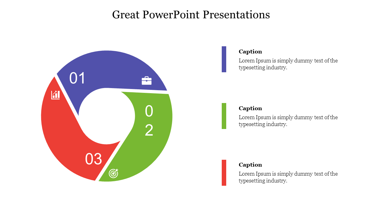 Circular infographic divided into three segments in blue, green, and red, numbered 01 to 03, with corresponding icons.