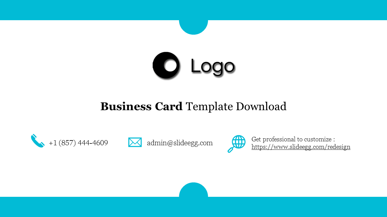 Simple business card PPT slide design with phone, email, and website contact options on a blue border and white backdrop.