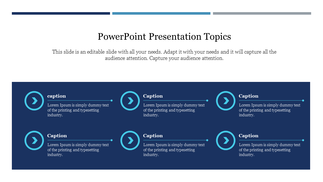 Presentation topics slide designed in a dark blue color, with arrow icons leading to six caption text boxes.